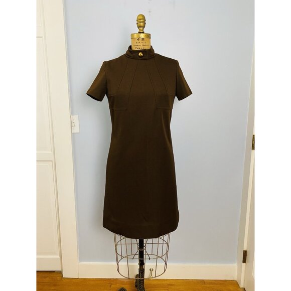 Vintage David Crystal Fashion Brown Short Sleeve Dress Size S 1960s Polyester - Picture 2 of 12